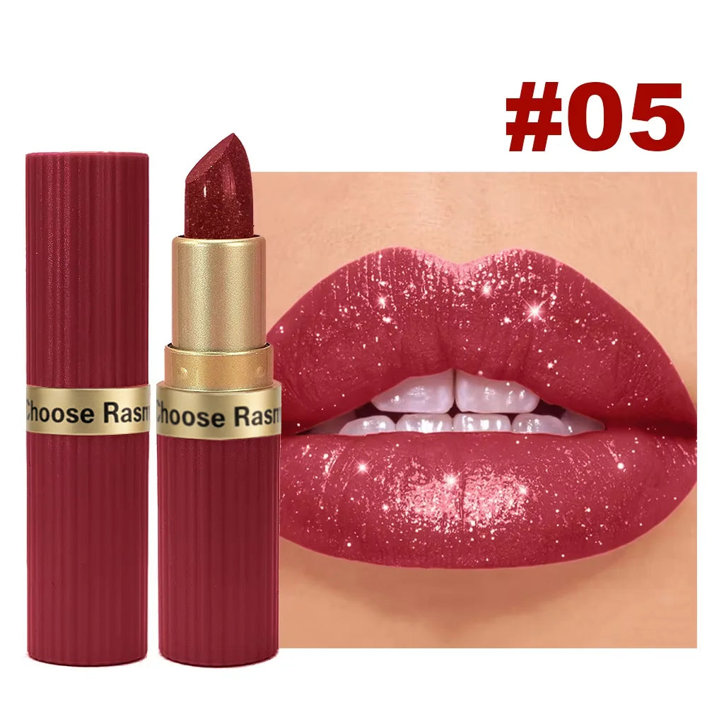 Batom de Veludo com Glitter Rosa Perolado – Metálico, À Prova d'Água, Longa Duração, Acabamento Matte com Brilho Diamante