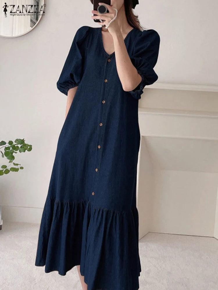 Mulheres Denim Azul Robes Longue ZANZEA Oversized Moda Verão Puff Sleeve Maxi Vestidos Retro Vestido Casual Sólido Vestido de Verão Largo - CRAVO ROSE