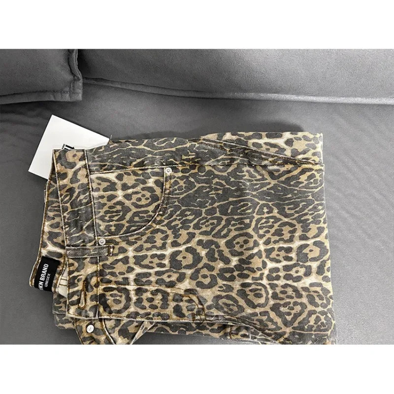Calça jeans feminina americana retrô com estampa de leopardo, cintura alta, larga, casual, com bolsos, hip-hop, primavera/verão 2000, calça jeans pantera grande