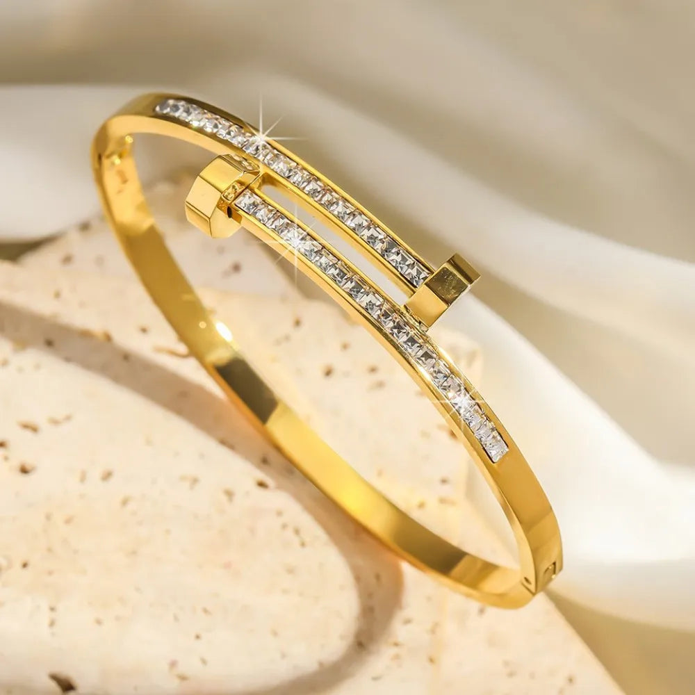 Fashion Zircon Inlaid Stacked Stainless Steel Bracelet Set Dazzling Women's Valentine's Day Gift Set