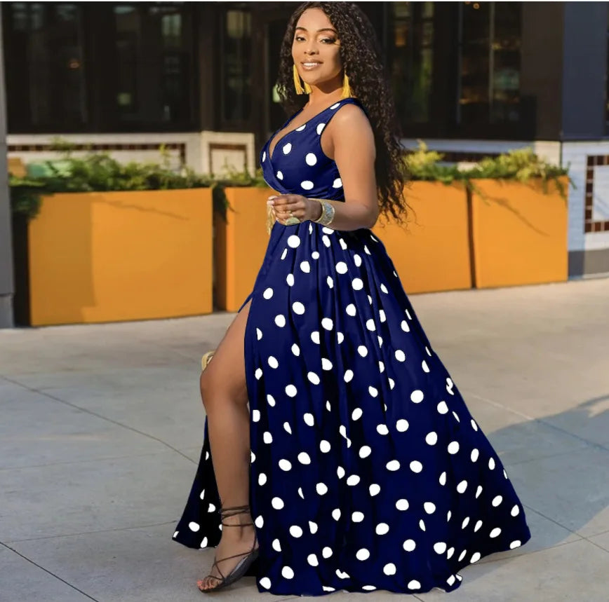 Sexy Deep V Neck Polka Dot Long Dress For Women Summer Boho Sleeveless Slim Print Side Slit Party Maxi Dresses Robe Femme