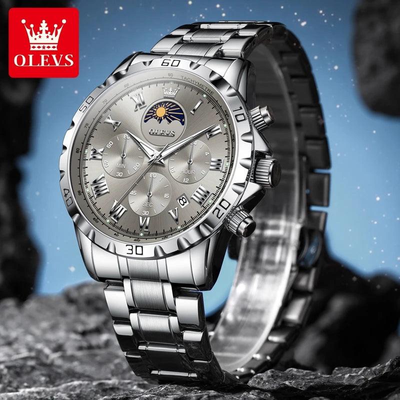 OLEVS Quartz Watches for Men Classic Original Moon Phase Waterproof Fashion Watch Stainless steel Roman Scale Men's Wristwatches - CRAVO ROSE