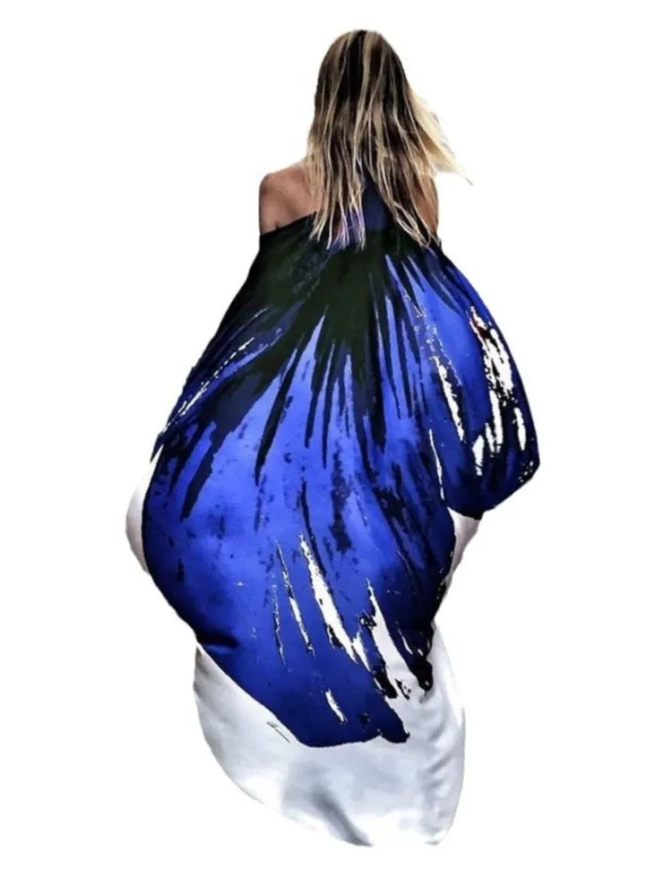 Printed Dresses Women 2025 Summer New Sloping Shoulders Loose Casual Beach Vacation Irregular Dress Fashion Beachwear Vestidos