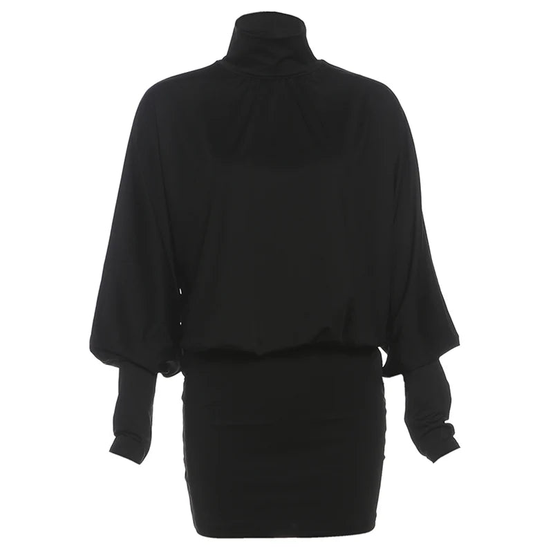 Nibber Backless Dress Women Turtleneck Lantern Sleeve Solid High Elasticity Sexy Simple Classic Street Prom Party Mini Bodycon