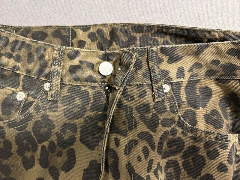 Calça jeans feminina americana retrô com estampa de leopardo, cintura alta, larga, casual, com bolsos, hip-hop, primavera/verão 2000, calça jeans pantera grande