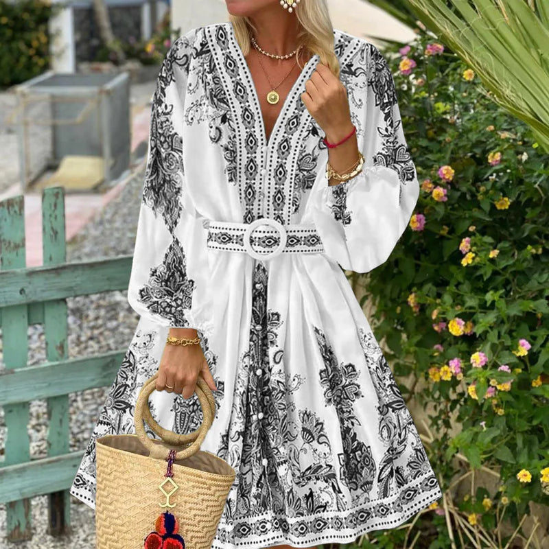 Vestido feminino elegante  manga lanterna, decote em V, estampa boho, vestido vintage, cinto solto, vestidos de festa