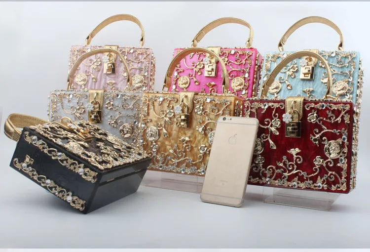 Box Designer evening bag diamond flower Clutch Bag hollow relief Acrylic luxury handbag banquet party purse women's Shoulder bag