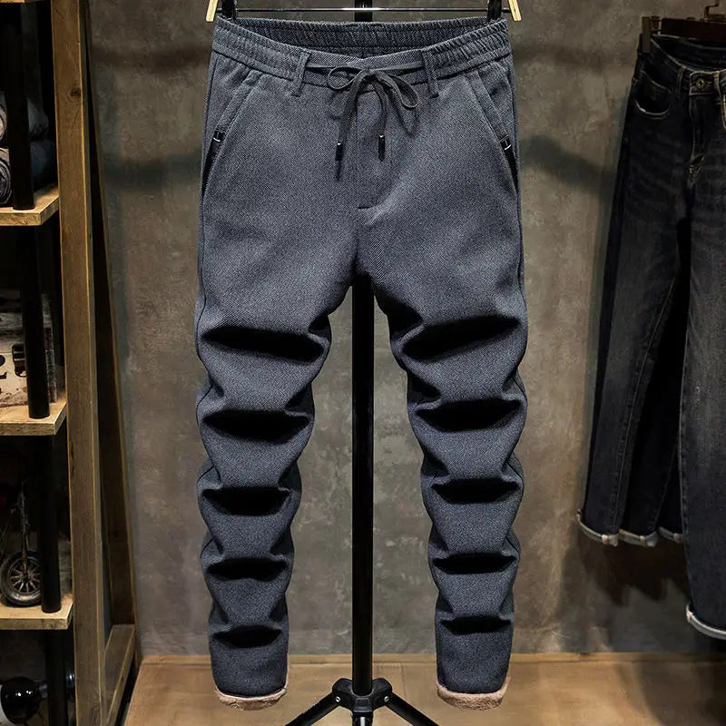 Korean Fashion Fleece Plush Mens Casual Full Length Elastic Waist Autumn and Winter Thickened Drawstring Sports Joggers Trousers