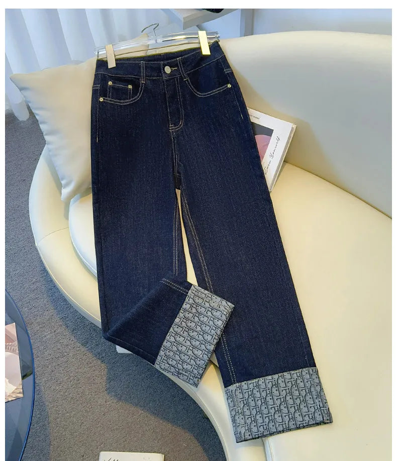 High-End Women's Straight Leg Jeans Loose Fit Spring Season Roll up Capri High Waist Denim Blue Flip  Thermal Regulation