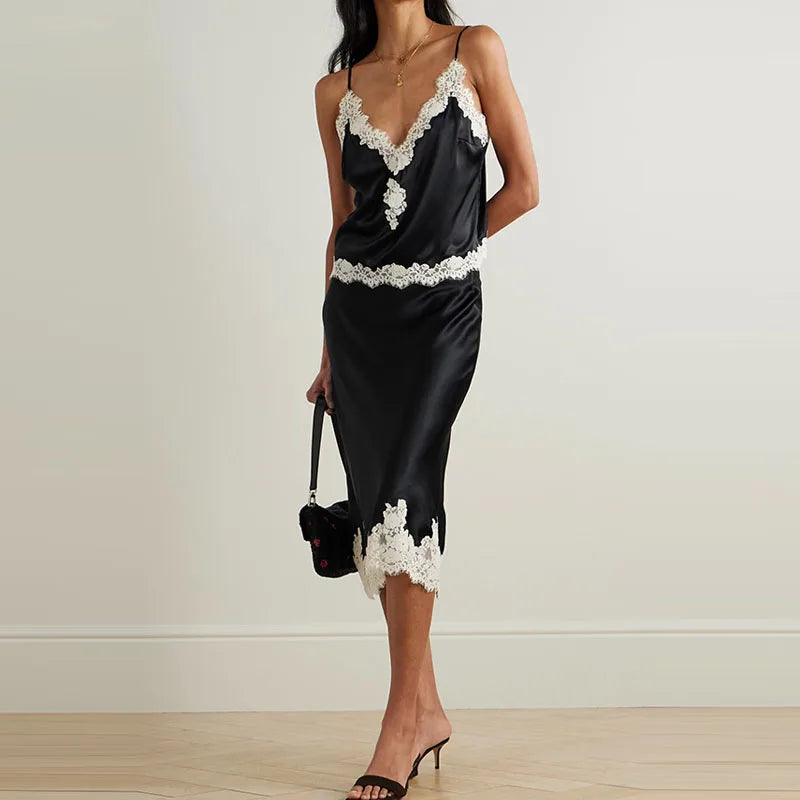 Lace Patchwork Slim Fit Two Piece Set Sexy Lady V Neck Sling Top and Long Skirt Suit Fashion Hollow Out Sleeveless Summer Outfit