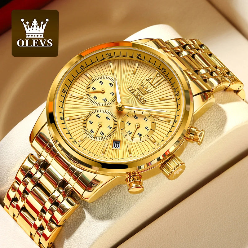 OLEVS Men's Watches Luxury Gold Fashion Wristwatch for Man Stainless Steel Waterproof Luminous Chronograph Date 24 Hour Display