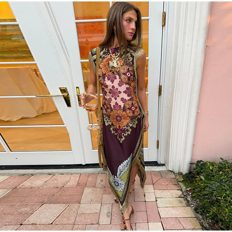 Elegant Printed Women's Tassel Dress Fringed Sleeveless Slim Irregular Party Evening Dresses 2026 Spring Summer Lady Vestidos