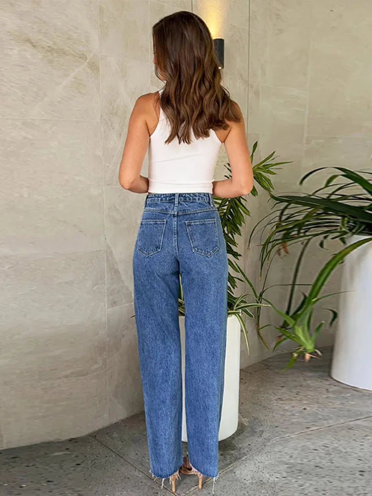 Calça jeans feminina moderna de cintura alta com perna reta e design chique de contas cravejadas, calça feminina casual e moderna de rua