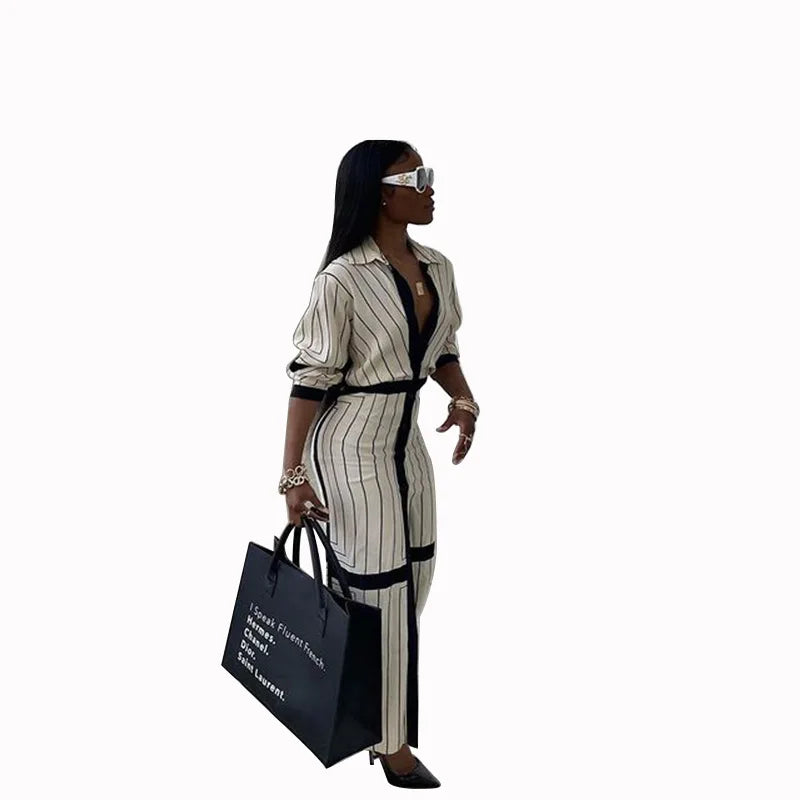 New Fashion Shirt Long Dress Women's Turn Down Button Elegant Office Lady Long Sleeve Dresses Women Casual Striped Maxi Dress