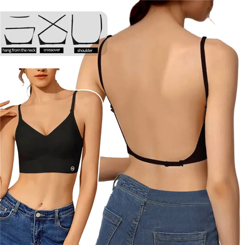Sutiã invisível feminino com decote em U profundo, top sem costas para vestidos, lingerie sexy com alça transparente, push up, roupa íntima sem alças