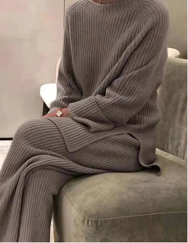 Casual Women's Knitted Sweater Two-Piece Set Cross-Border Fashion Spring Long Sleeve Pants Long Pants Suitable for 18-25 Year...
