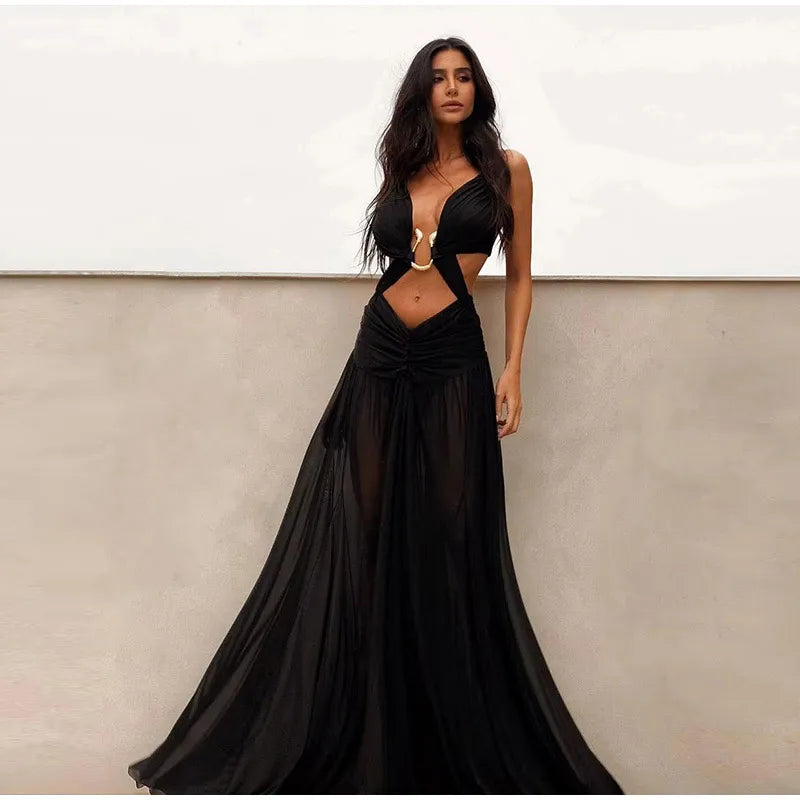 Vestidos longos sensuais vazados  plissados, chiques, decote em V, frente única, sem mangas, costas nuas, linha A