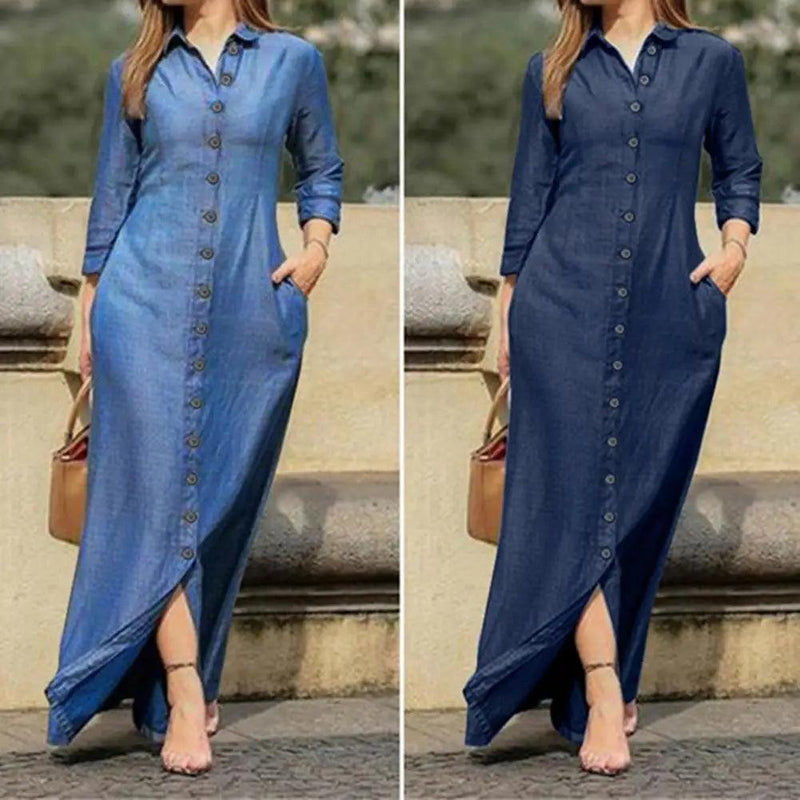 Charming Denim Dress Slim Soft Texture Solid Color Buttons Closure Long Dress Two Pockets Maxi Dress for Vacation - CRAVO ROSE