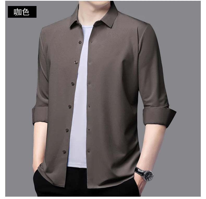 Camisa masculina premium ultraelástica - Camisa formal de manga comprida de seda de alta qualidade para uso social e casual