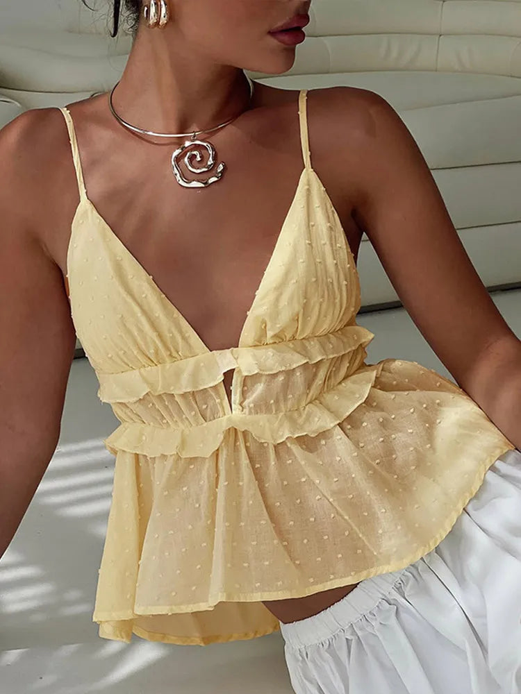 Blusa de chiffon com babados e manga comprida, blusa feminina casual solta, gola V, manga comprida, blusa de rua, primavera/verão 2025
