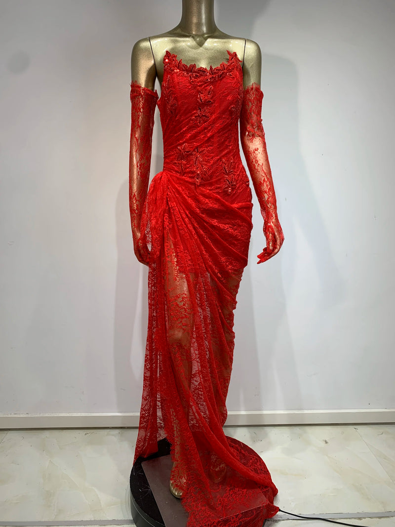 Luxury Designer Fashion Women Black Strapless Lace Embroidery Bodycon Open Leg Long Dress with Gloves Formal Evening Party Gowns