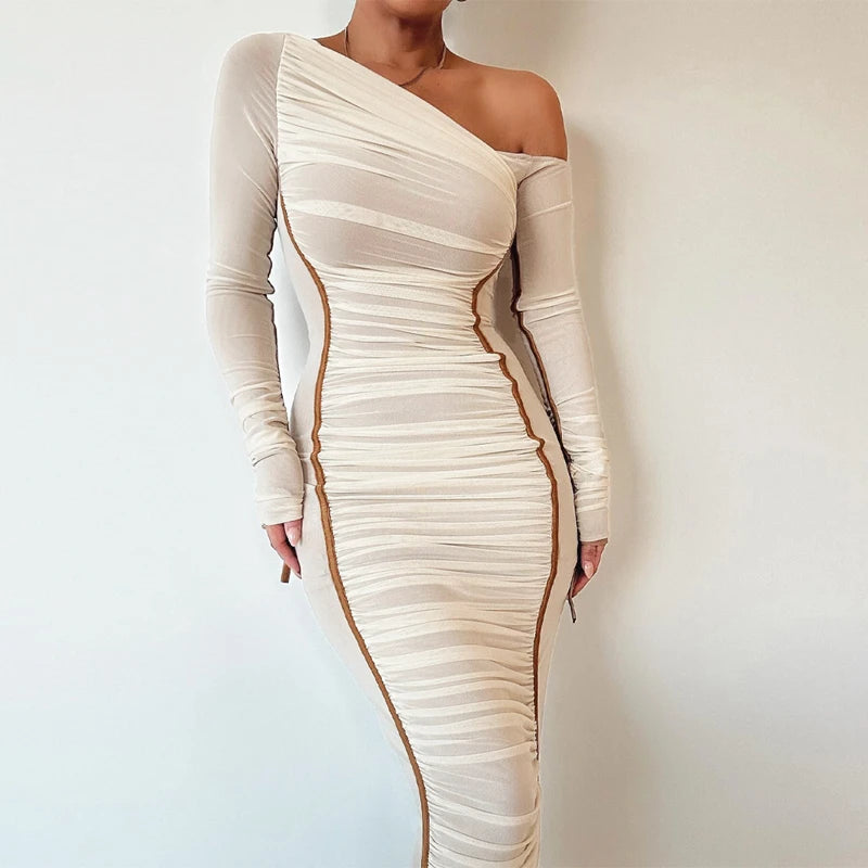 Hugcitar Mesh Solid Diagonal Collar Long Sleeve Draped Sexy See Through Bodycon Maxi Dress Summer Fashion Clothes Festival Club