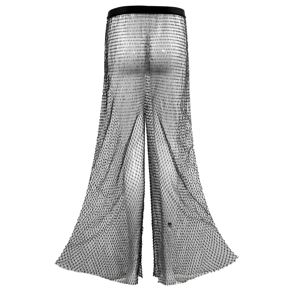 Sparkle Diamante Fishnet Wide Leg Trousers Crystal Mesh Flare Pants High Waisted Rhinestone Split Hem Leggings
