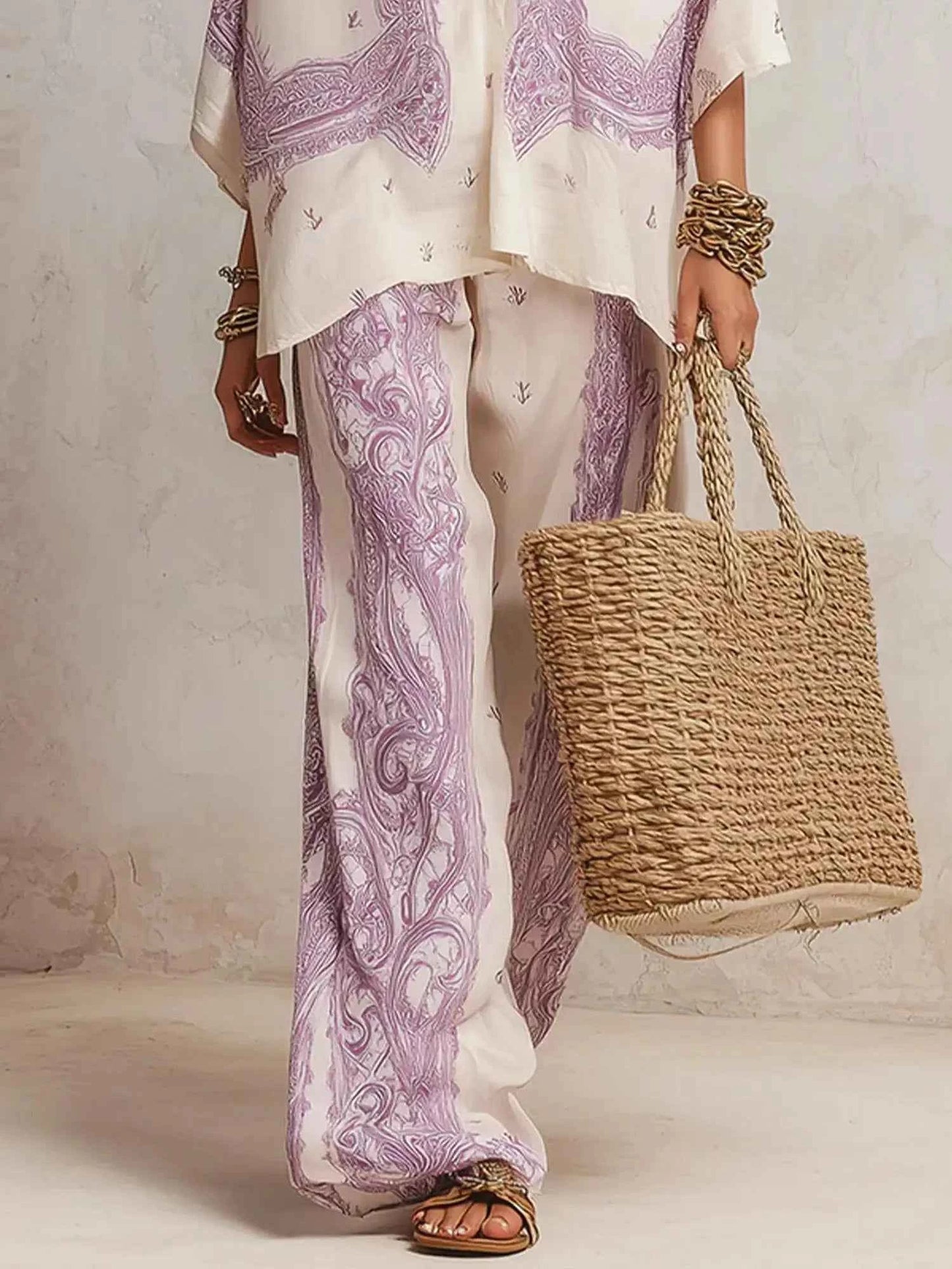 Summer Paisley Printing 2 Piece Set Women Elegant Lapel Long Sleeve Shirt Top & Wide Leg Pants Casual Loose Suit for Vacation