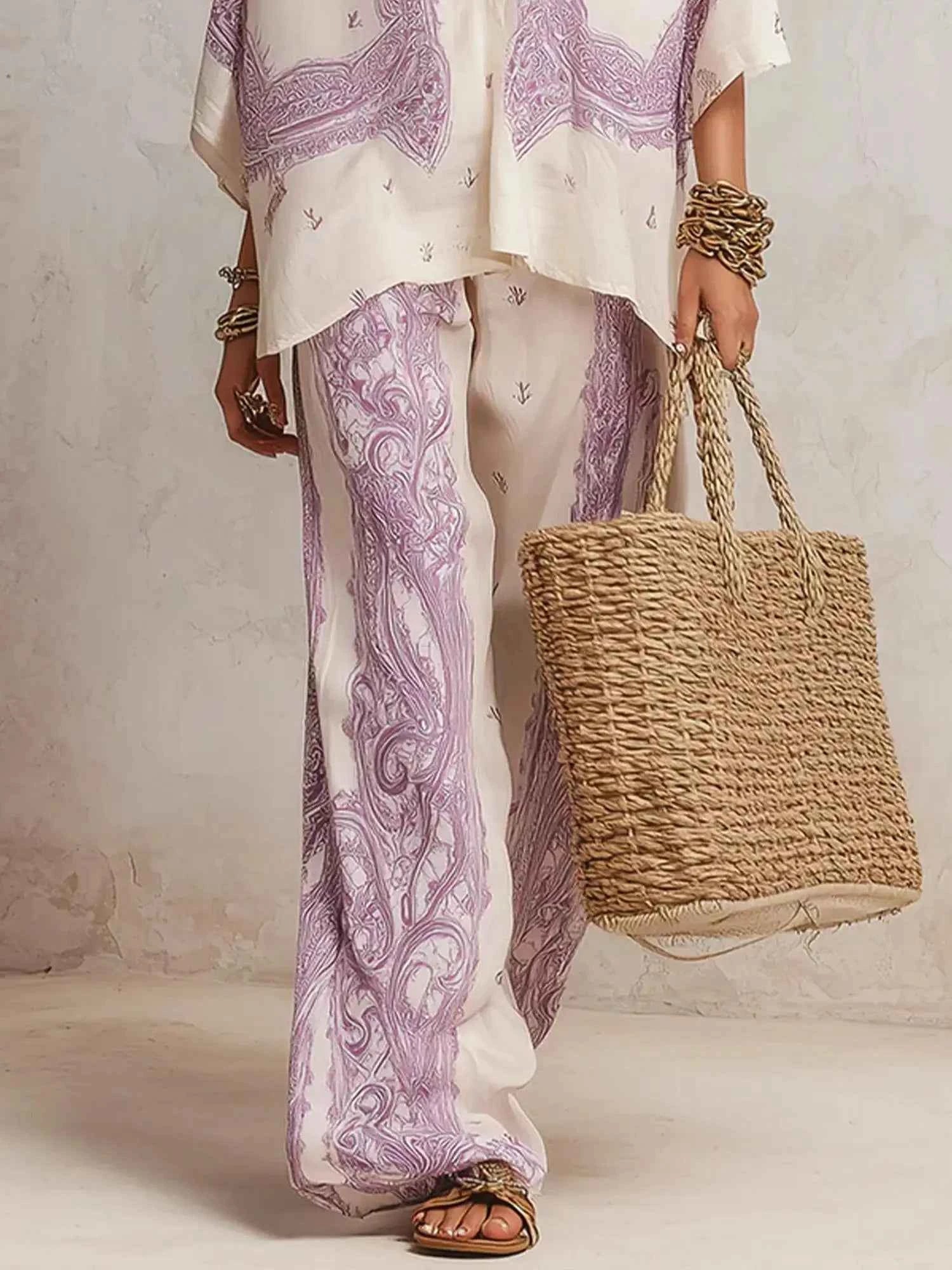 Summer Paisley Printing 2 Piece Set Women Elegant Lapel Long Sleeve Shirt Top & Wide Leg Pants Casual Loose Suit for Vacation