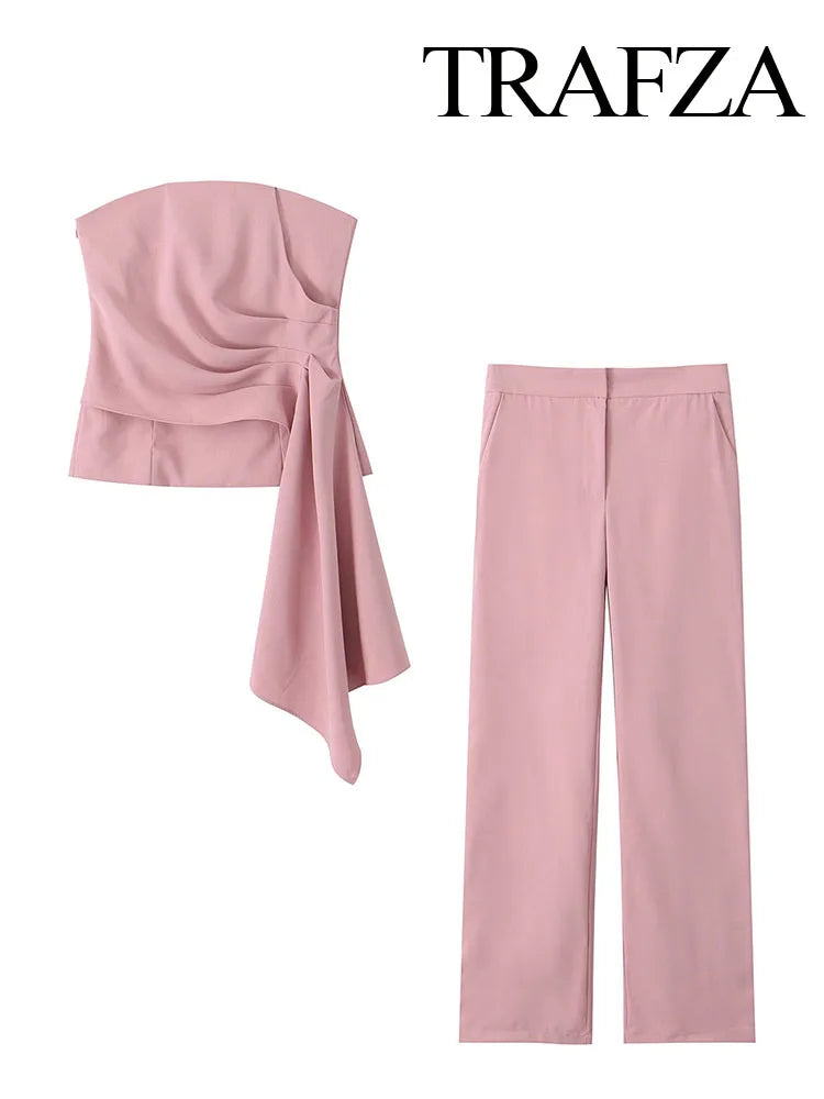 TRAFZA Women 2 Piece Set Solid Asymmetric Folds Side Zip Design Short Vest Top+Fashion Pockets High Waist Casual Wide Leg Pants