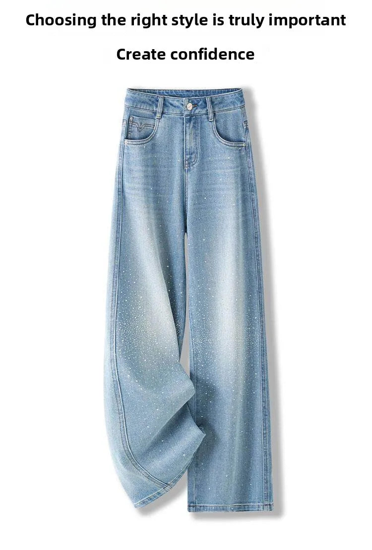 High Waist Wide Leg Denim Jeans Women's Spring 2026 New Style Glittering Star Explosion Nine Point Straight Cut Diamond Embel...