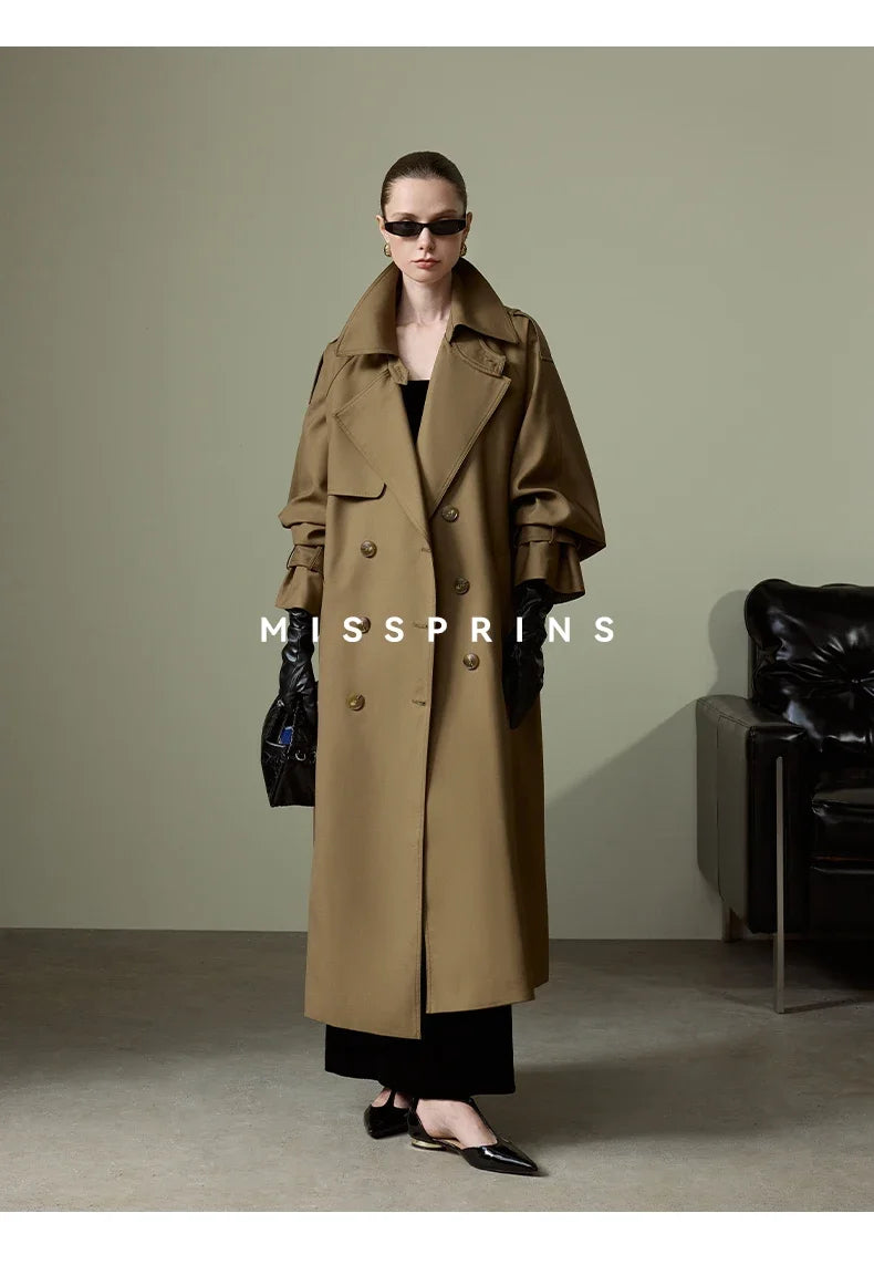 Lautaro Spring Autumn Long Khaki Trench Coat for Women Belt Double Breasted Chic Luxury Designer European Fashion Clothes 2025