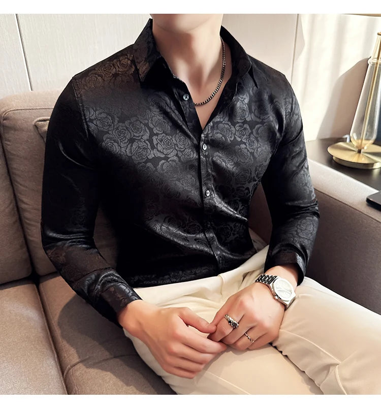 Men's Social Shirt New Rose Printed Long Sleeve Shirt Luxury Fashion Business Slim Fit Formal Shirt Men's Clothing 4XL-M