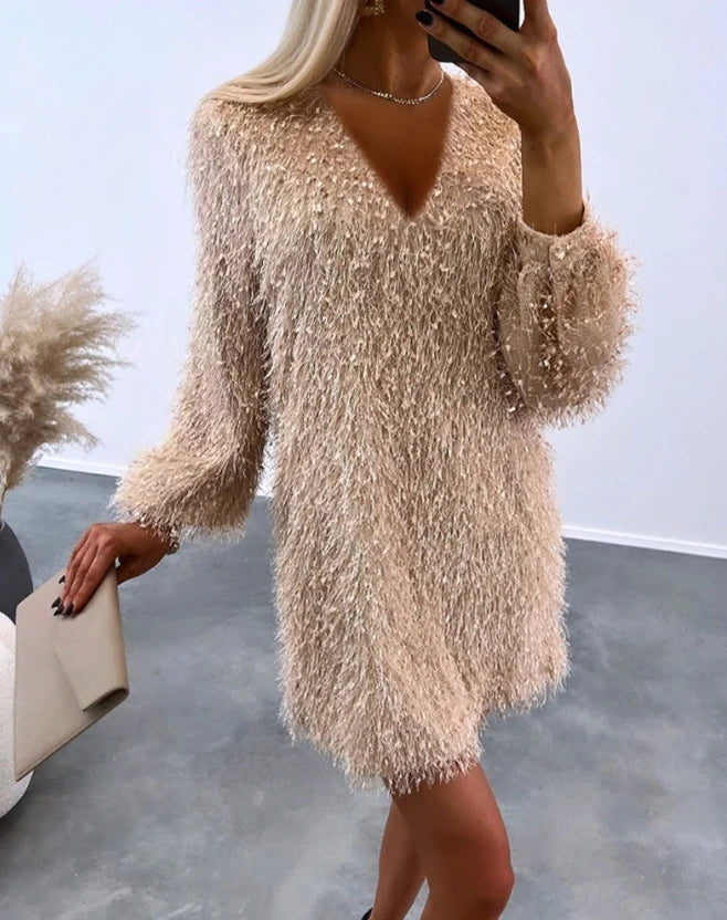 Vestido de Manga Longa Caindo Fofo Decote em V Vestido Casual