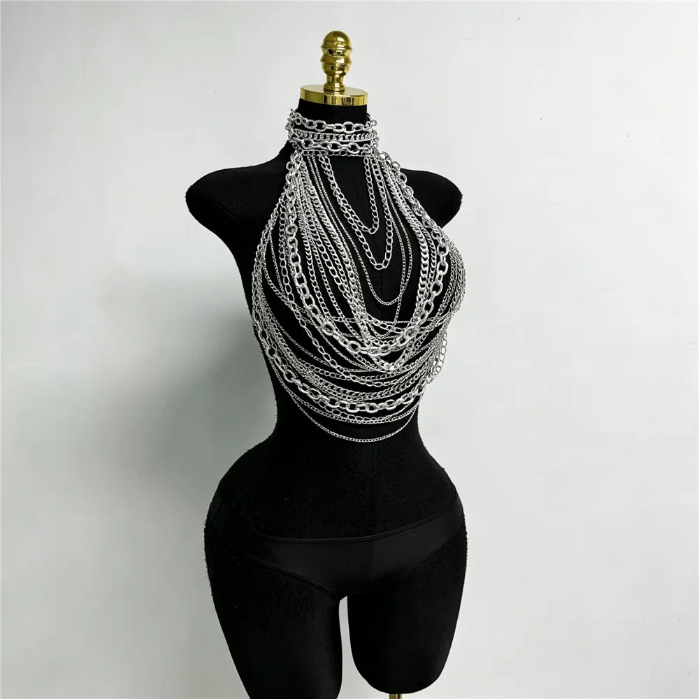Silver Metal Chain Halter Top Sexy Layered Body Chain Vest Women Festival Rave Party Clubwear Lingerie Jewelry Accessory