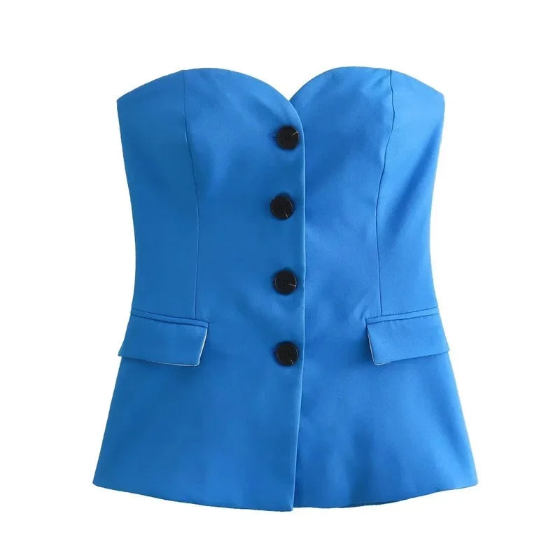 Sutiã elegante e moderno, sem alças, com abotoamento simples e cintura ajustada,  poliéster