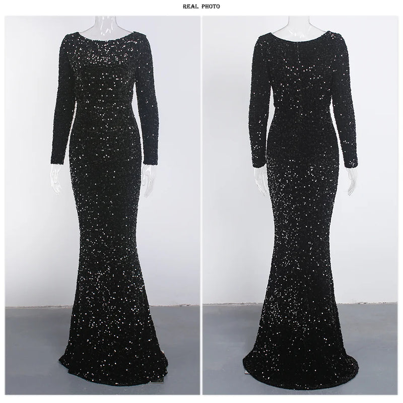 Romagic Elegant Women Modest Stretch Sequin Royal Blue Wedding Prom Gown Long Sleeves Mermaid Formal Evening Party Dress 2025