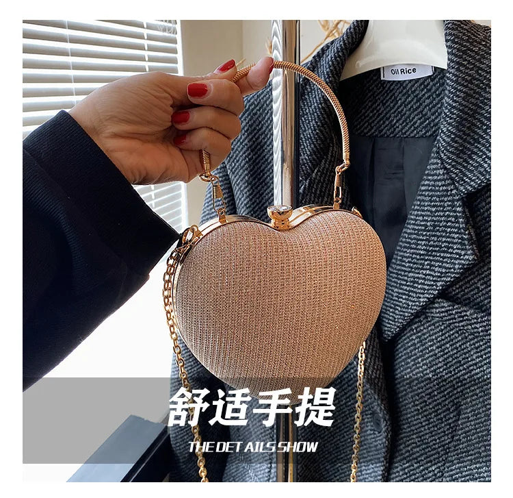 Evening Clutch Bag Women Bag Shiny Handbag Heart Shape Metal Clutches Bag Fashion Chain Shoulder Crossbody Bag Luxury Lady Purse