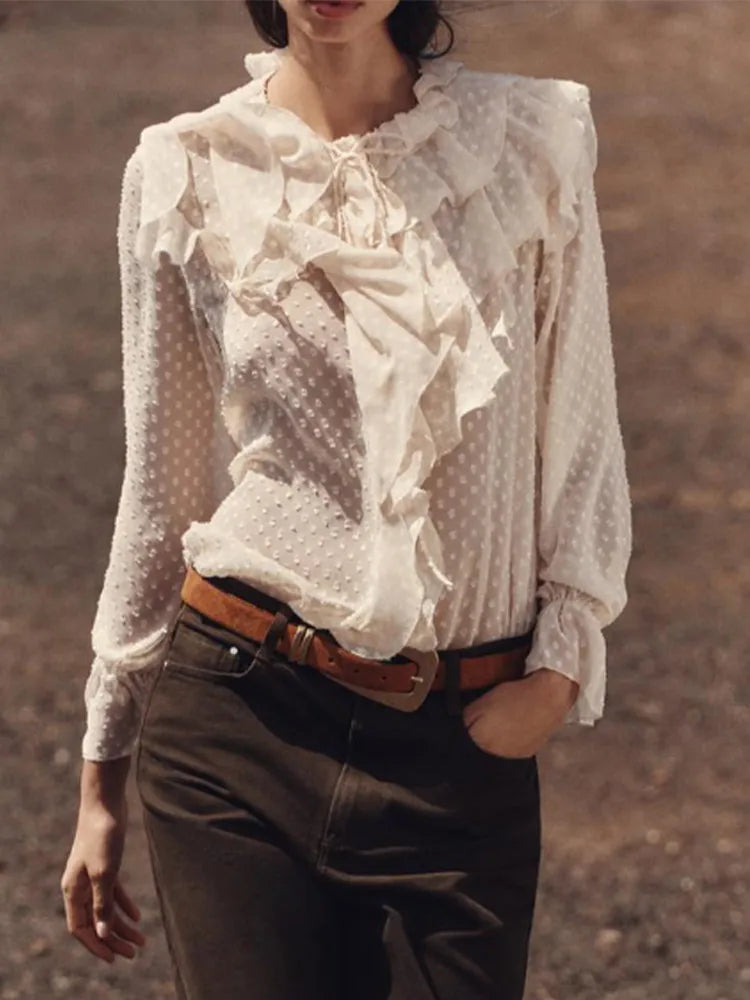 Blusa feminina elegante, azul, gola alta, babados, manga comprida, lisa, solta, chiffon, nova blusa feminina de verão 2025