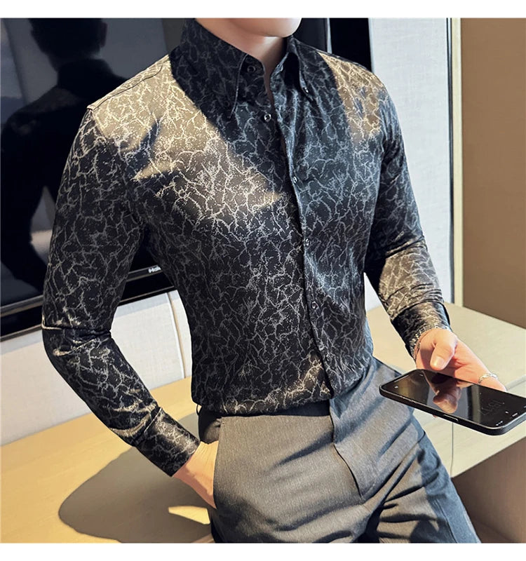 Camisas jacquard vintage de luxo, manga comprida de alta qualidade, slim fit, smoking casual, camisas sociais para casamento, tamanho 4XL-M