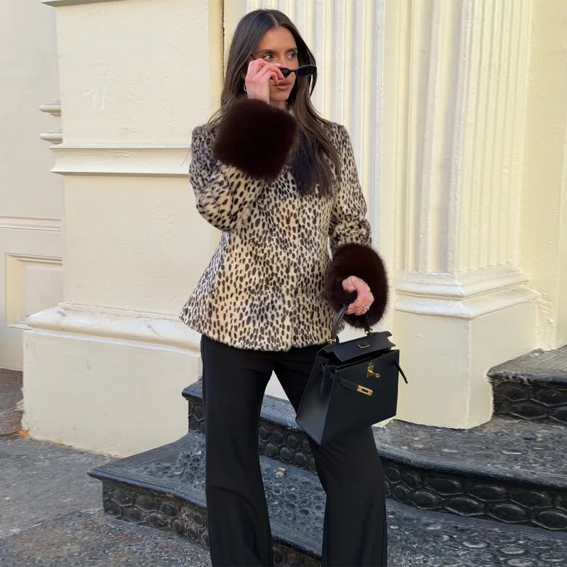 Spring Thin Fur Women's Coat Fashion Leopard Print Full Sleeve Female Jackets 2026 Spring Street New Single Breasted Lady Coats