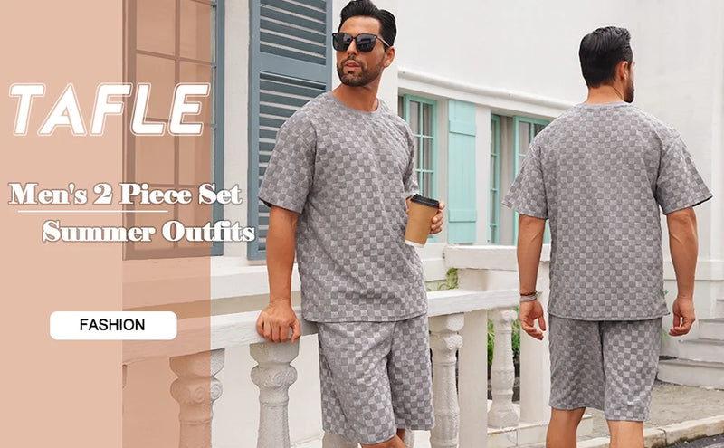 Conjunto de shorts casuais de perna reta e tamanho grande, camiseta xadrez jacquard de manga curta para homens, verão 2025