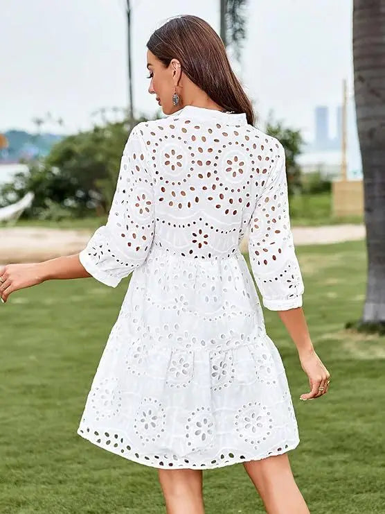 Spring Summer New Solid Color Hollow Out Fashion 7 Point Sleeve Dress Wmen's Casual Loose Simple Elegant Female Holiday Dresses