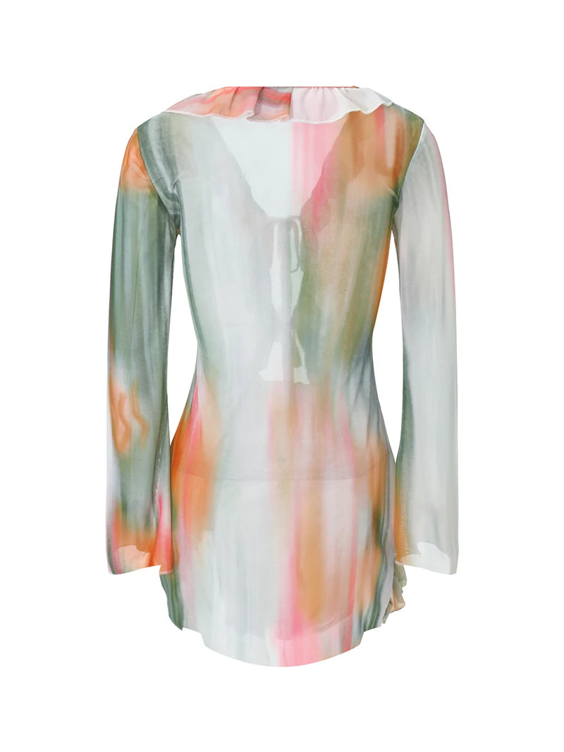 Women Mini Dress Long Sleeve Lacing Tie-dye Print Patchwork Slit Bodycon Dress for Club Party