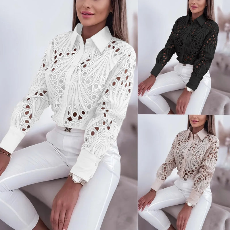 New Fashion Lace Hollow Long Sleeve Shirt For Women 2025 Spring Autumn Elegant Office Lady Blouse And Tops Casual Button Shirts
