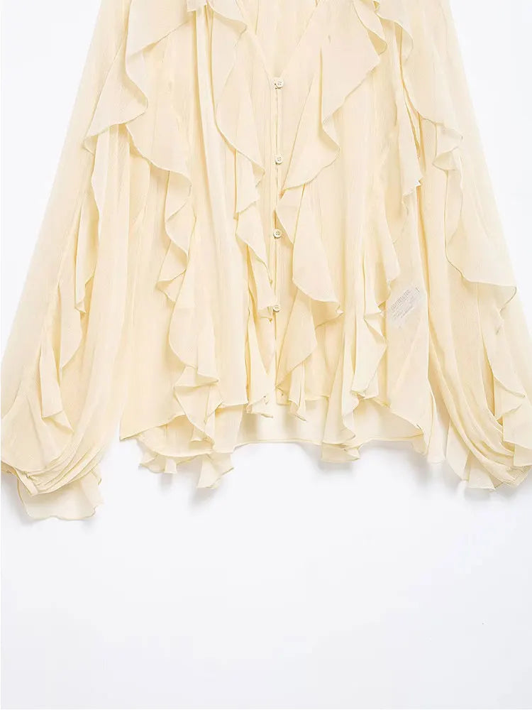 Camisa feminina casual com babados, solta, com cadarço, decote em V, blusas femininas para primavera de 2025