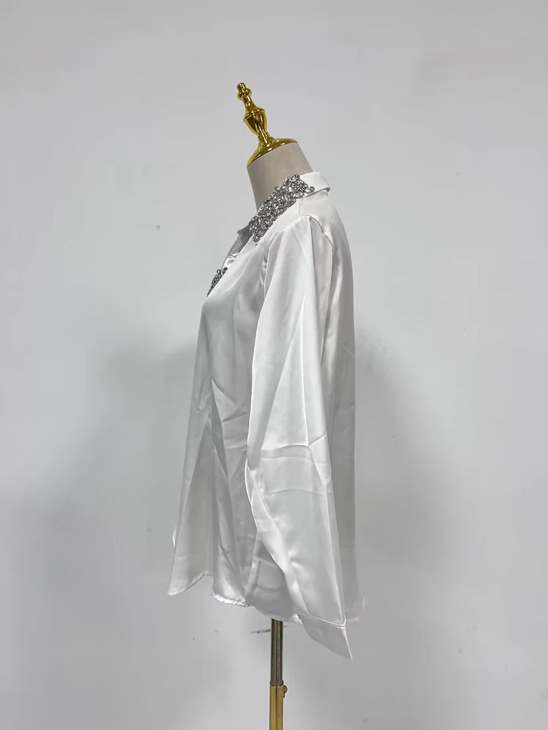 Blusa elegante e chique com losangos emendados lapela, manga comprida, design temperamental, camisa sensual