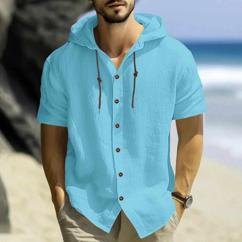 Camisa masculina de manga curta de algodão e linho, tamanho EUA, cor sólida, com capuz, camiseta casual, tamanho grande, roupa masculina