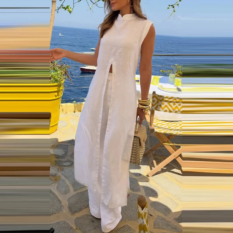 Women Casual Sleeveless Loose 2 Piece Suit Elegant Hight Street Solid Outfit Fashion O-neck Split Long Pullover  & Long Pant Set