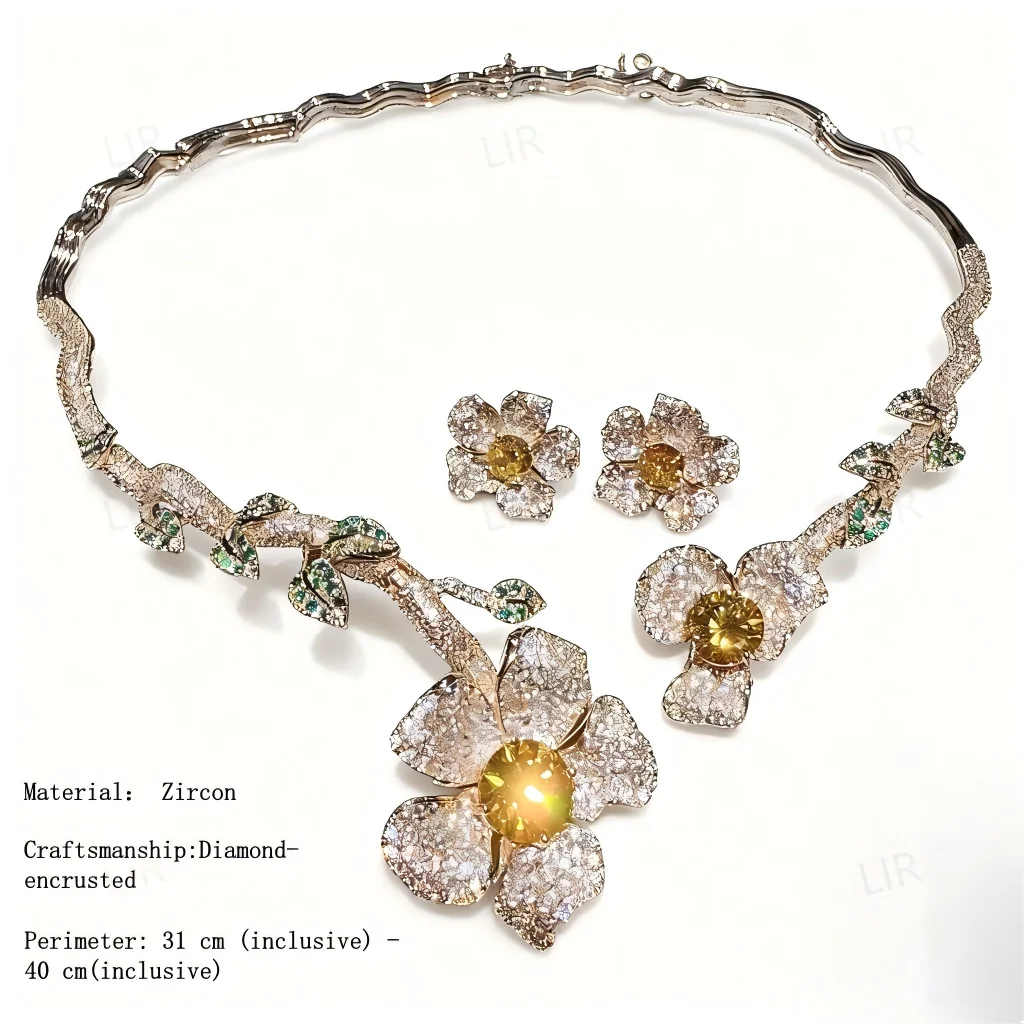 LIR Austrian Retro Jewelry Set: Floral Gem Vine Necklace, Prosperous Flower Zircon Earrings, Custom for Women